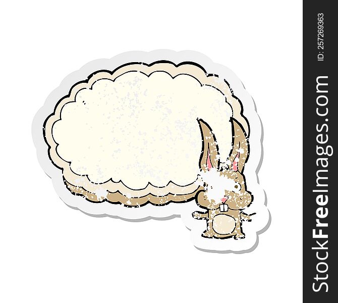 retro distressed sticker of a cartoon rabbit with text space cloud