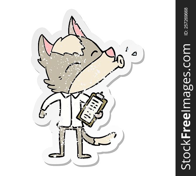 Distressed Sticker Of A Howling Office Wolf Cartoon