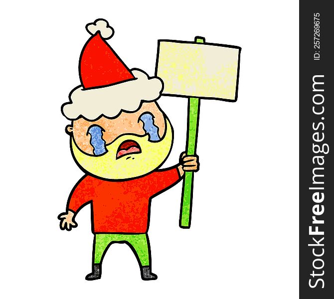 hand drawn textured cartoon of a bearded protester crying wearing santa hat