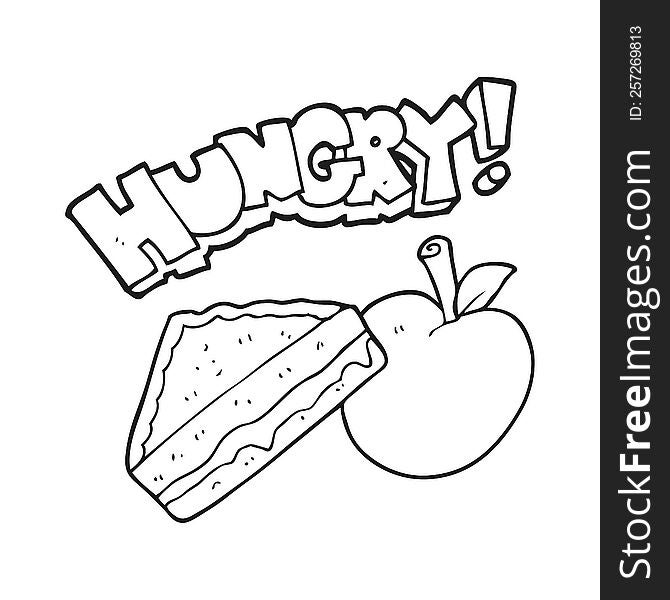 freehand drawn black and white cartoon packed lunch