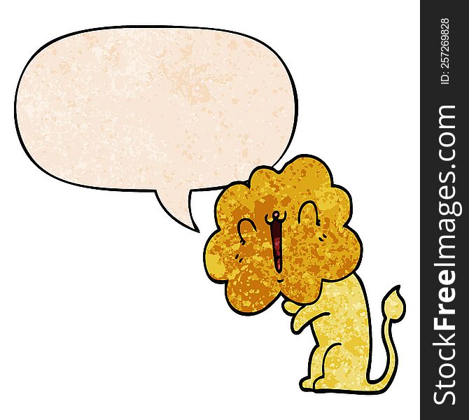 Cute Cartoon Lion And Speech Bubble In Retro Texture Style