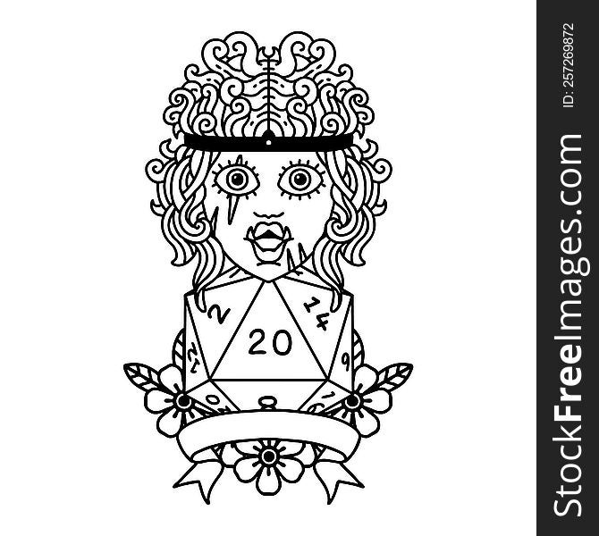 Black and White Tattoo linework Style half orc barbarian character with natural 20 dice roll. Black and White Tattoo linework Style half orc barbarian character with natural 20 dice roll