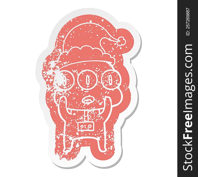 Cartoon Distressed Sticker Of A Three Eyed Alien Wearing Santa Hat