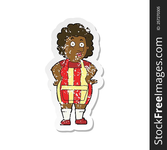 Retro Distressed Sticker Of A Cartoon Woman In Kitchen Apron