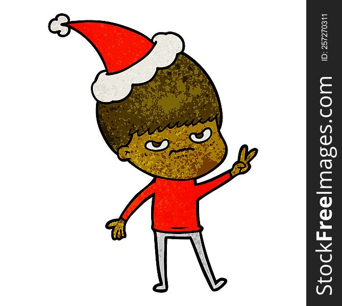 annoyed hand drawn textured cartoon of a boy wearing santa hat. annoyed hand drawn textured cartoon of a boy wearing santa hat