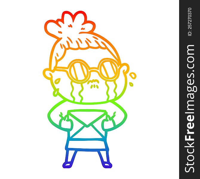 rainbow gradient line drawing of a cartoon crying woman wearing spectacles