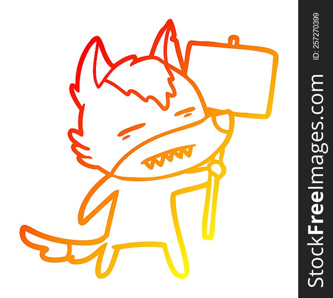 Warm Gradient Line Drawing Cartoon Wolf With Sign Post Showing Teeth