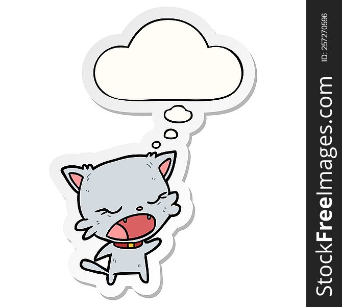 cartoon cat talking with thought bubble as a printed sticker