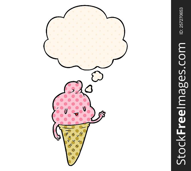 cute cartoon ice cream with thought bubble in comic book style