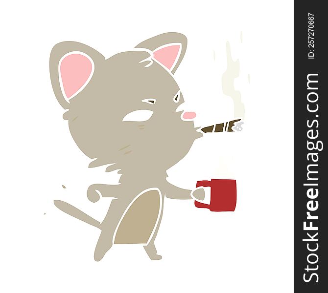 flat color style cartoon cat with coffee and cigar. flat color style cartoon cat with coffee and cigar