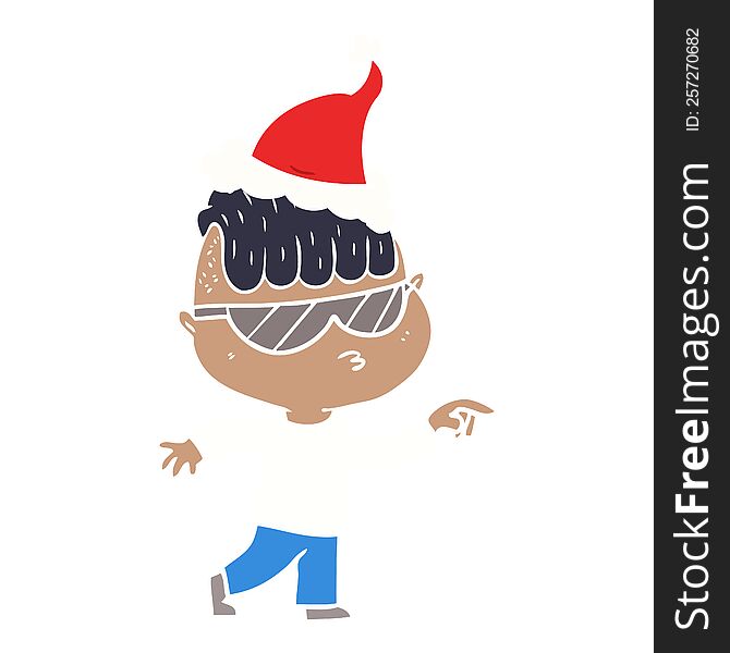 hand drawn flat color illustration of a boy wearing sunglasses pointing wearing santa hat