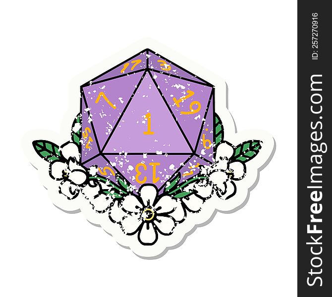 grunge sticker of a natural one dice roll with floral elements. grunge sticker of a natural one dice roll with floral elements