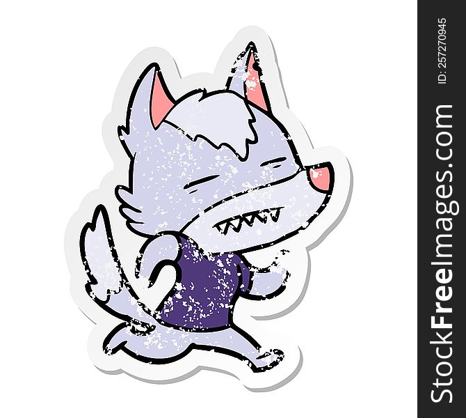 Distressed Sticker Of A Cartoon Wolf Showing Teeth