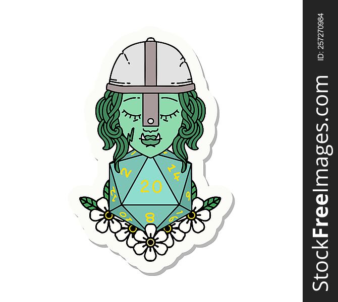 sticker of a half orc fighter character with natural twenty dice roll. sticker of a half orc fighter character with natural twenty dice roll