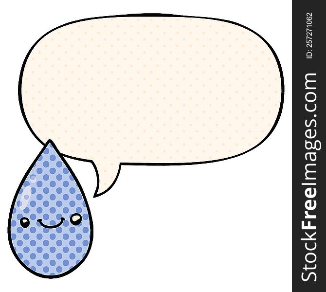 cartoon cute raindrop with speech bubble in comic book style