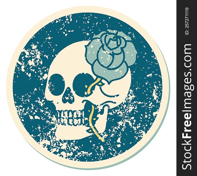 Distressed Sticker Tattoo Style Icon Of A Skull And Rose