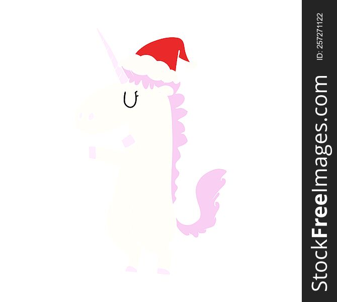 Flat Color Illustration Of A Unicorn Wearing Santa Hat