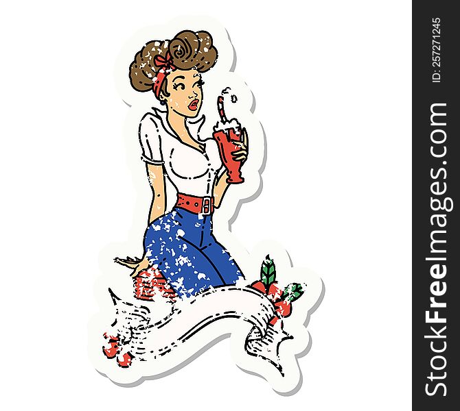 distressed sticker tattoo of a pinup girl drinking a milkshake with banner