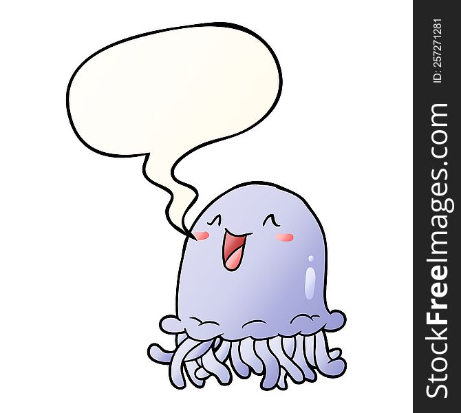 Happy Cartoon Jellyfish And Speech Bubble In Smooth Gradient Style