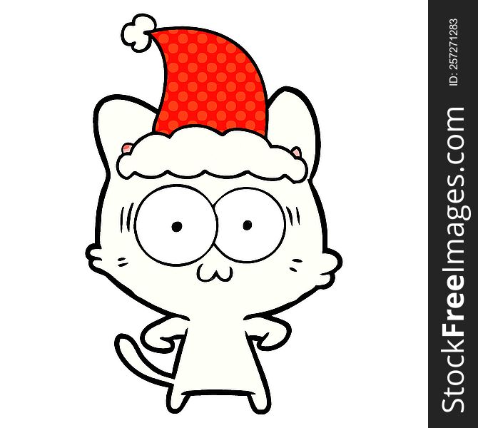 Comic Book Style Illustration Of A Surprised Cat Wearing Santa Hat