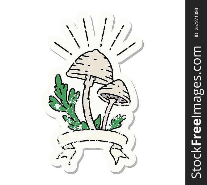 worn old sticker of a tattoo style mushrooms. worn old sticker of a tattoo style mushrooms
