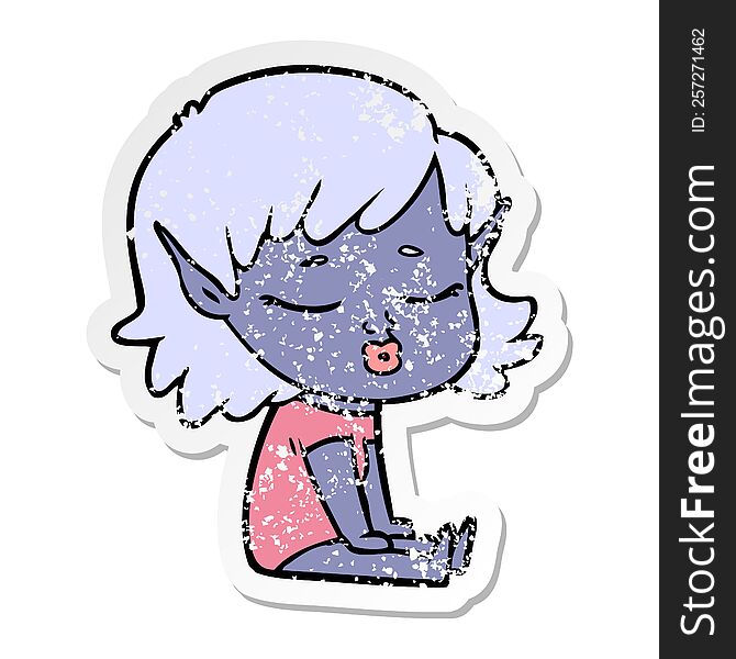 distressed sticker of a pretty cartoon elf girl sitting