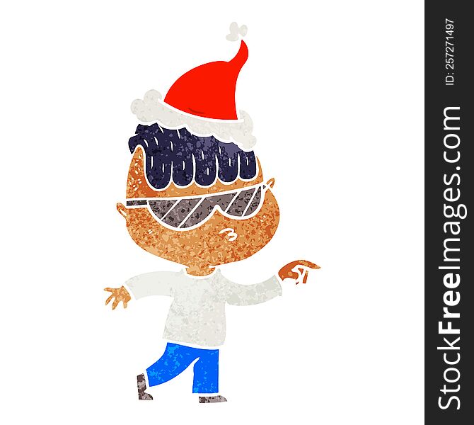 Retro Cartoon Of A Boy Wearing Sunglasses Pointing Wearing Santa Hat