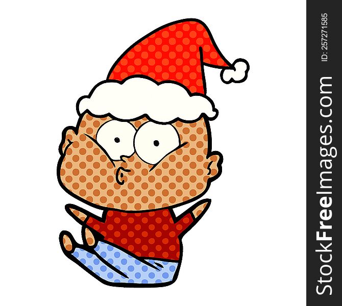 Comic Book Style Illustration Of A Bald Man Staring Wearing Santa Hat