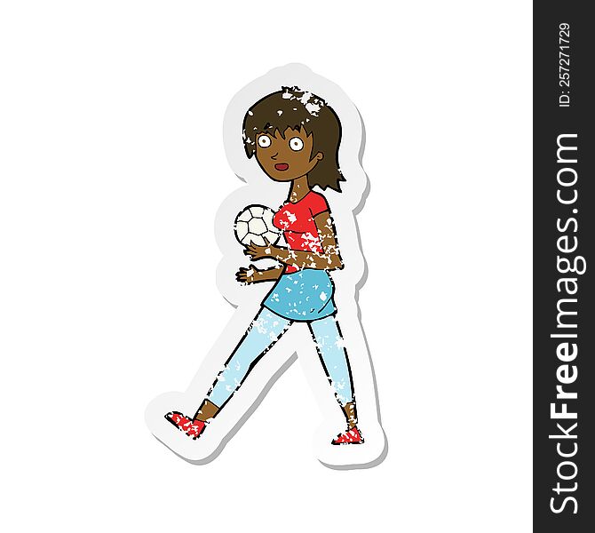 retro distressed sticker of a cartoon soccer girl
