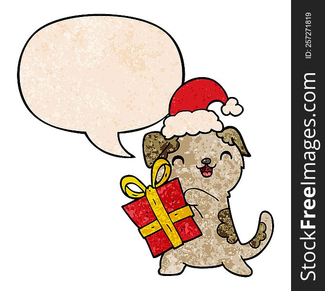 cute cartoon puppy and christmas present and hat and speech bubble in retro texture style