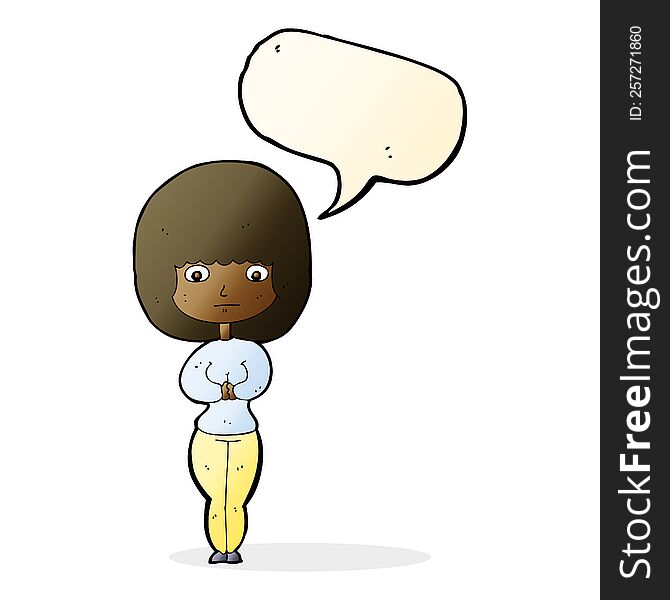 cartoon shy woman with speech bubble