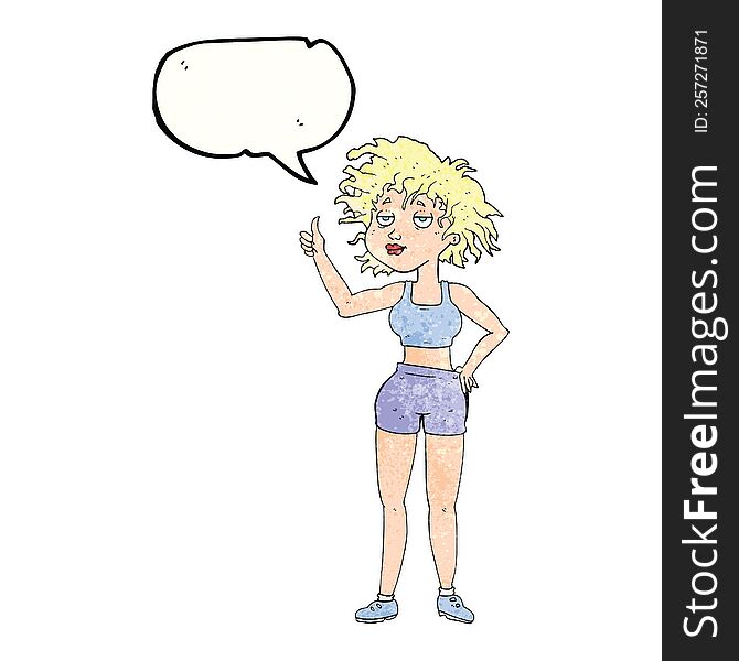 freehand speech bubble textured cartoon tired gym woman