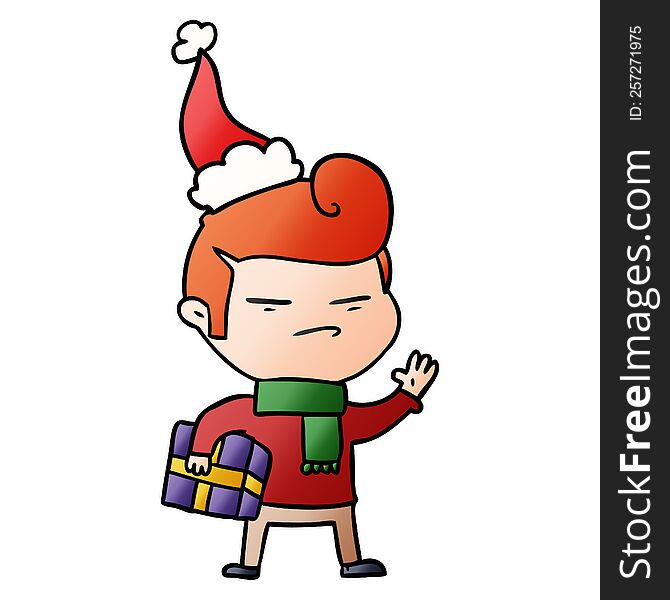 hand drawn gradient cartoon of a cool guy with fashion hair cut wearing santa hat