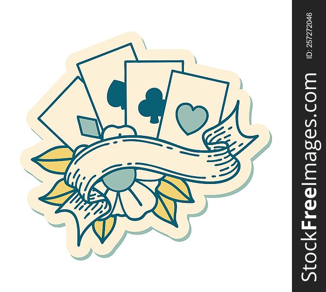 tattoo style sticker of cards and banner