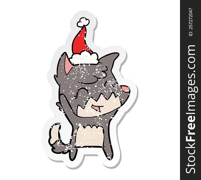 Happy Distressed Sticker Cartoon Of A Fox Wearing Santa Hat
