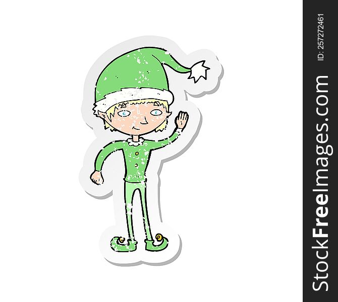 Retro Distressed Sticker Of A Cartoon Waving Christmas Elf