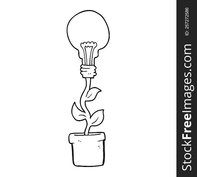 freehand drawn black and white cartoon light bulb plant