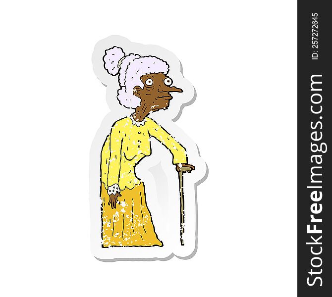 Retro Distressed Sticker Of A Cartoon Old Woman