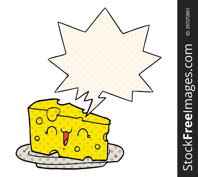 Cute Cartoon Cheese And Speech Bubble In Comic Book Style