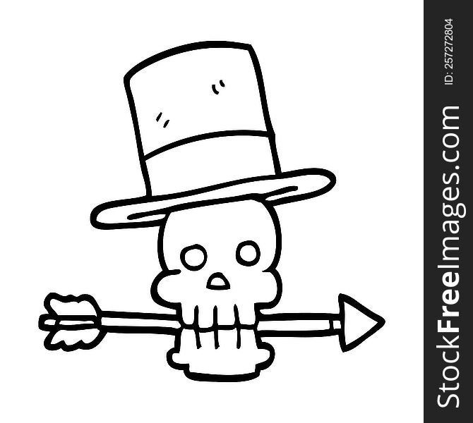line drawing cartoon skull with top hat and arrow