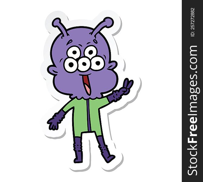 Sticker Of A Happy Cartoon Alien Waving Peace Gesture