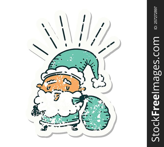 Grunge Sticker Of Tattoo Style Santa Claus Christmas Character With Sack