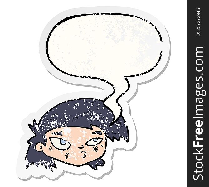 cartoon scratched up face and speech bubble distressed sticker