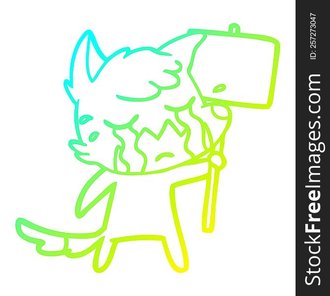 cold gradient line drawing of a crying fox cartoon with placard