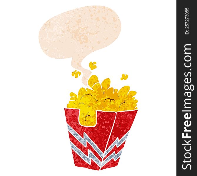 cartoon box of popcorn and speech bubble in retro textured style