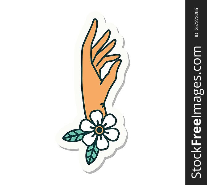 sticker of tattoo in traditional style of a hand and flower. sticker of tattoo in traditional style of a hand and flower