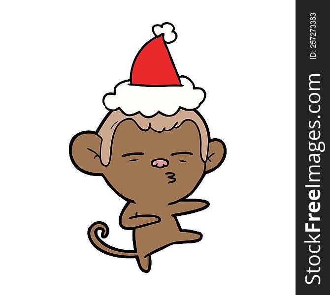 hand drawn line drawing of a suspicious monkey wearing santa hat