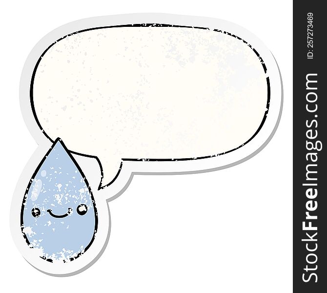 cartoon cute raindrop with speech bubble distressed distressed old sticker. cartoon cute raindrop with speech bubble distressed distressed old sticker