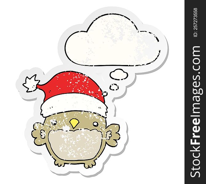 Cute Christmas Owl And Thought Bubble As A Distressed Worn Sticker