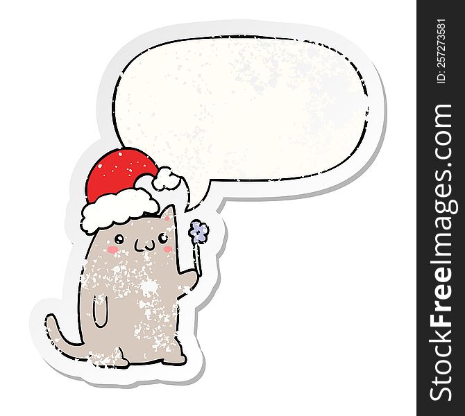 Cute Cartoon Christmas Cat And Speech Bubble Distressed Sticker